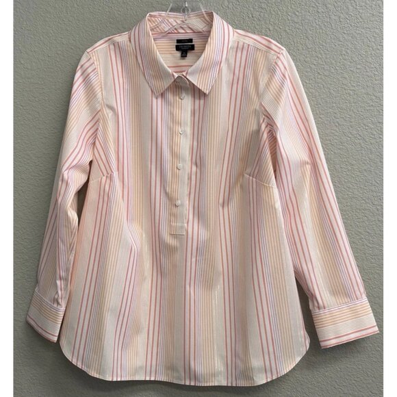 Talbots Petite XP Popover Blouse Long Sleeves Peach Metallic Stripes Shirt - Picture 9 of 10
